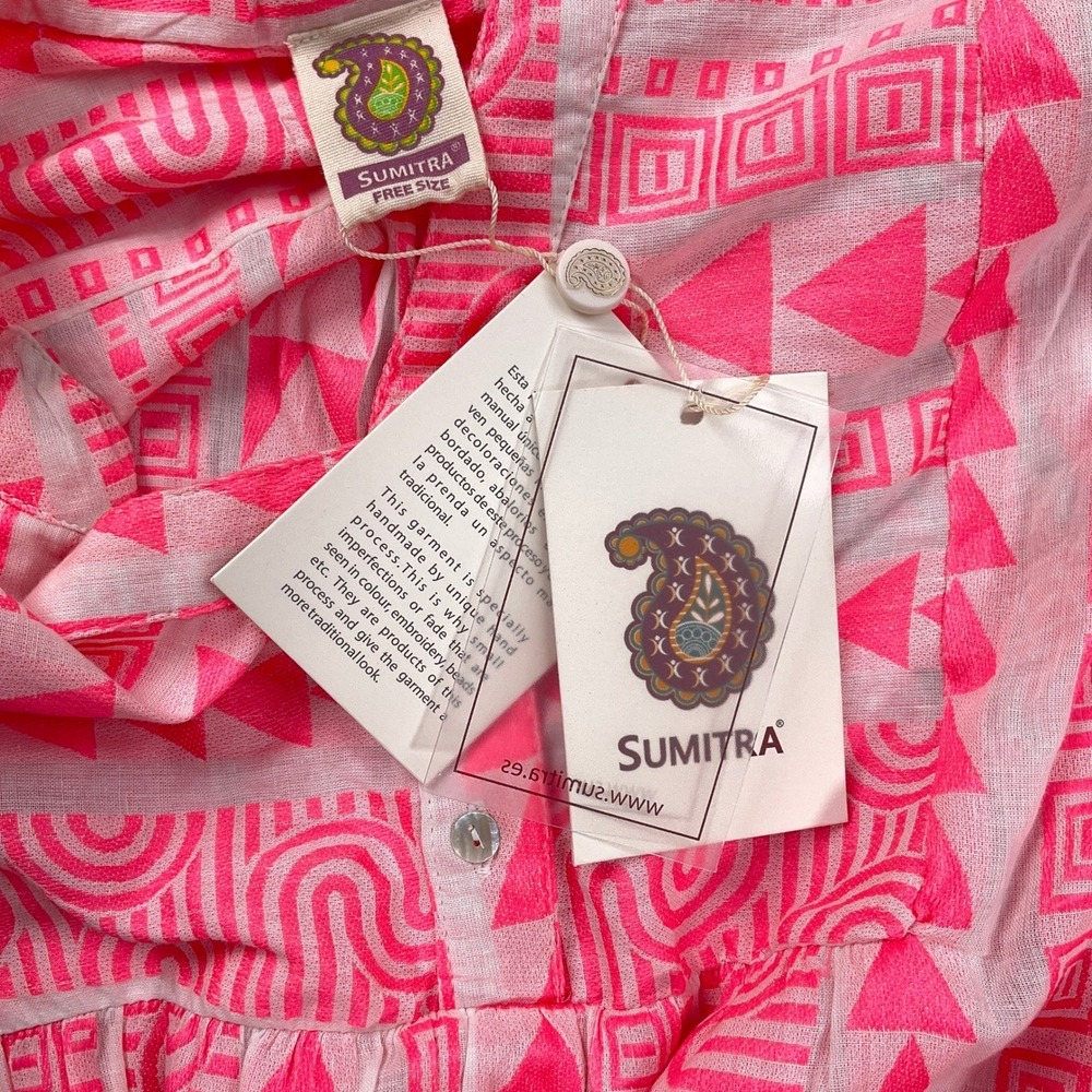 Sumitra‎ Dress Women OSFA Neon Pink Geometric Peasant Boho Tier Resort Kaftan - Picture 6 of 14